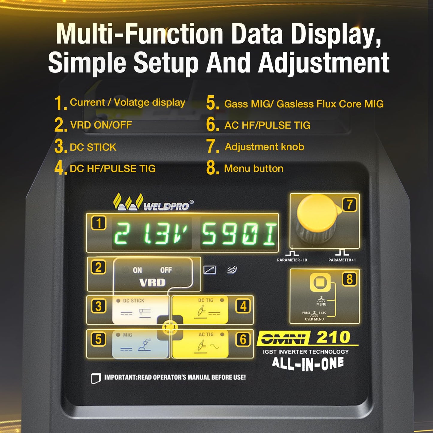Weldpro 200A Multi Process MIG Welder, 6 in 1 MIG/Flux Core/Stick/Spool Gun/AC/DC TIG Welder 110V/220V, High Frequency Aluminum Welding Machine with Pulse/Balance/Frequency Control