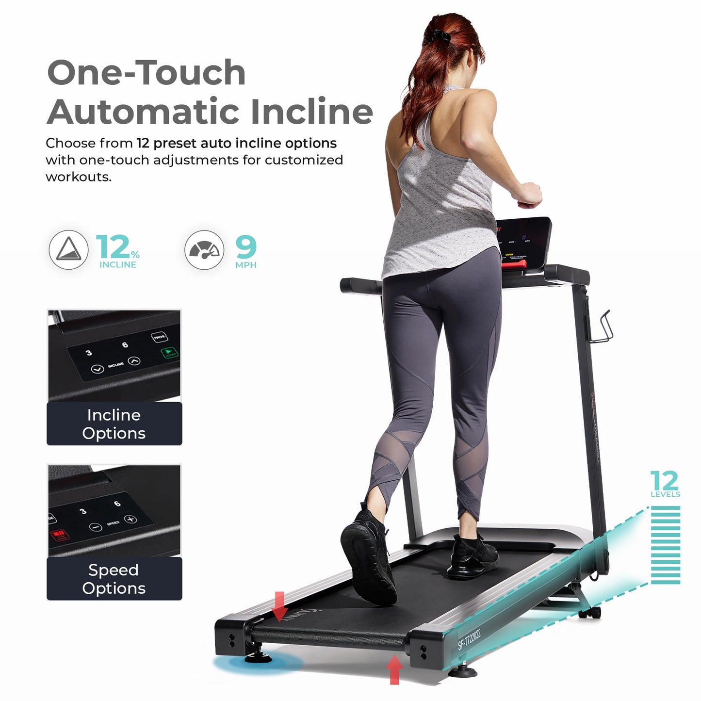 Sunny Health & Fitness Interactive Slim Folding Treadmill with Quiet Brushless, Shock Absorption, Digital Monitor, Free SunnyFit App Bluetooth Connectivity, Optional 12-Level Auto Incline