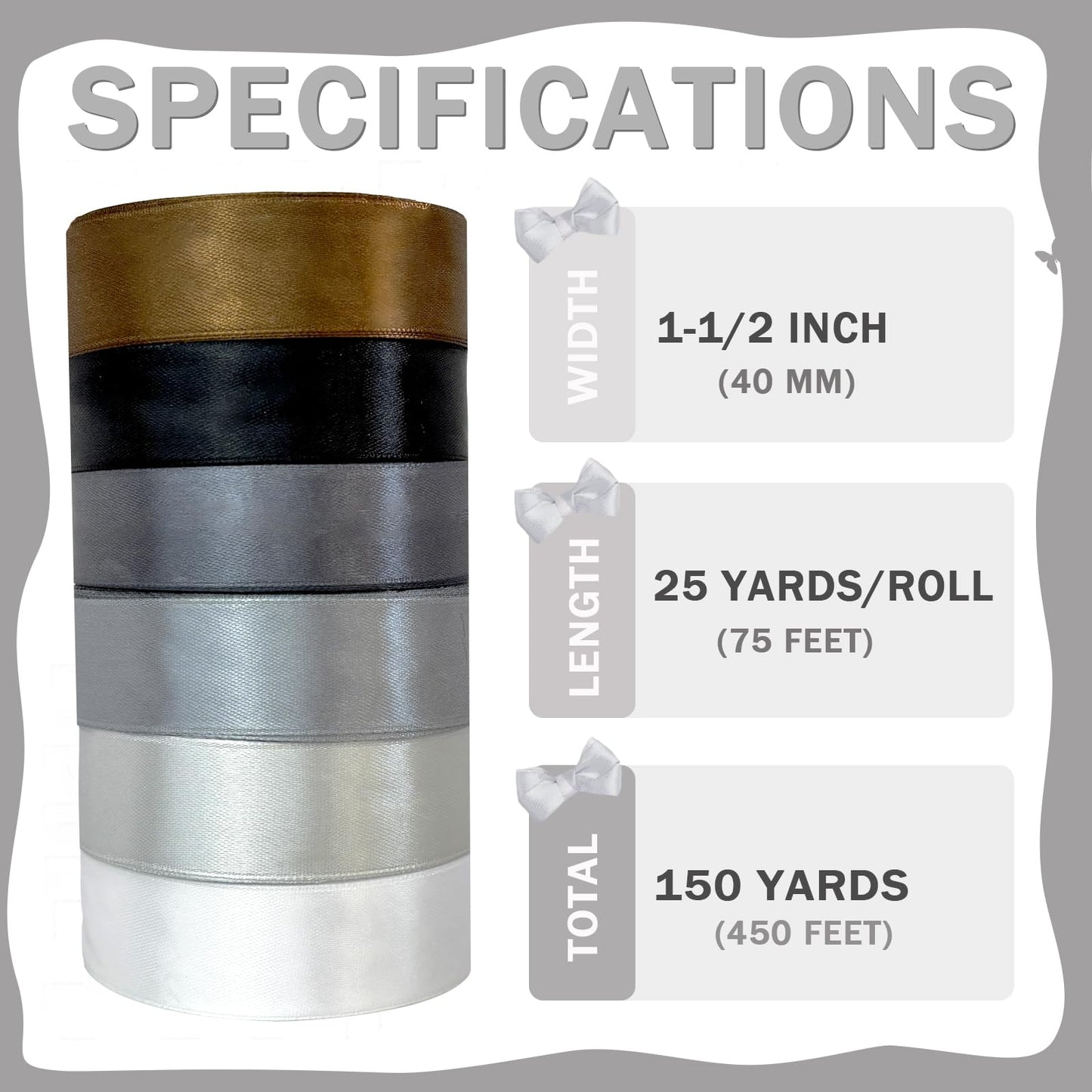 PURREITTI 150 Yards Black Satin Ribbon 1-1/2 Inch 6 Rolls Assortment Ribbons for Crafts Gift Wrapping Flower Bouquet Wedding Invitations Birthday Party Festival Decoration Hair Bows