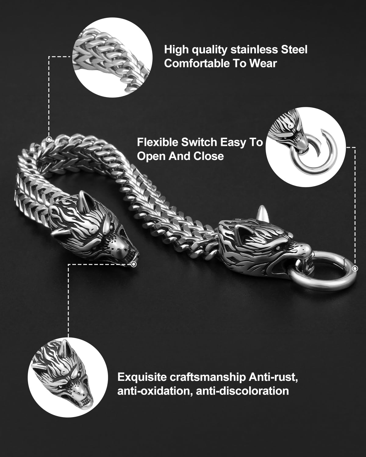 LuxGoth Stainless Steel Wolf Head Heavy Cuban Link Chain Bracelet Gothic Punk Rock Biker Vintage Viking Animal Franco Link Curb Bracelet Jewelry for Men Silver GTS-B1B45701