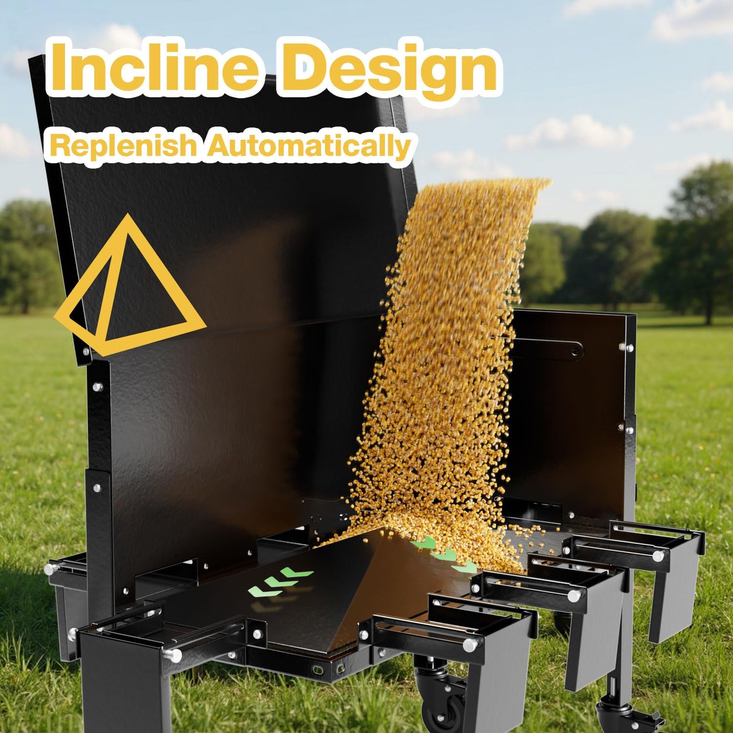 POOAMY Gravity Deer Feeder, Heavy Duty Metal Deer Feeder, 128LB Large Capacity Automatic Dispenser Feeder, Portable Hunting Game Feeder with 8 Feed Ports for Deers and Wildlife, Black