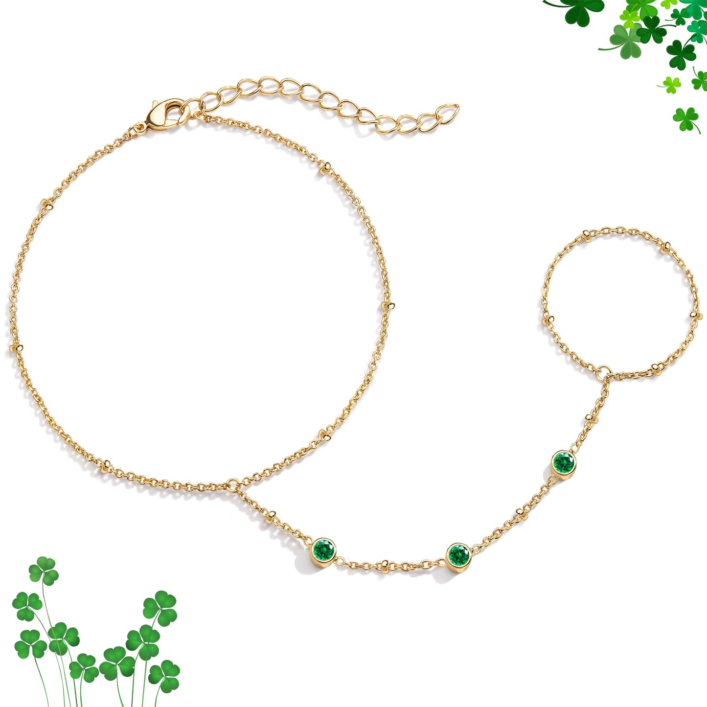 Poxtex Gold Bracelets for Women Waterproof, Gold Green CZ Diamond Bezel Hand Chain Bracelets, Dainty Adjustable Bracelets for Women Trendy, St Patrick's Day Jewelry Gifts for Women