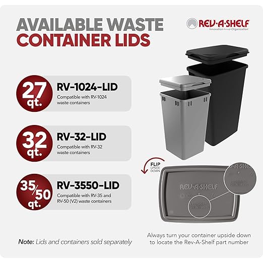 Rev-A-Shelf Polymer Replacement 35 Quart Trash Bin Recycle Waste Garbage Container for Kitchen Cabinet Pullouts, Silver, 2 Pack, RV-35-17-2
