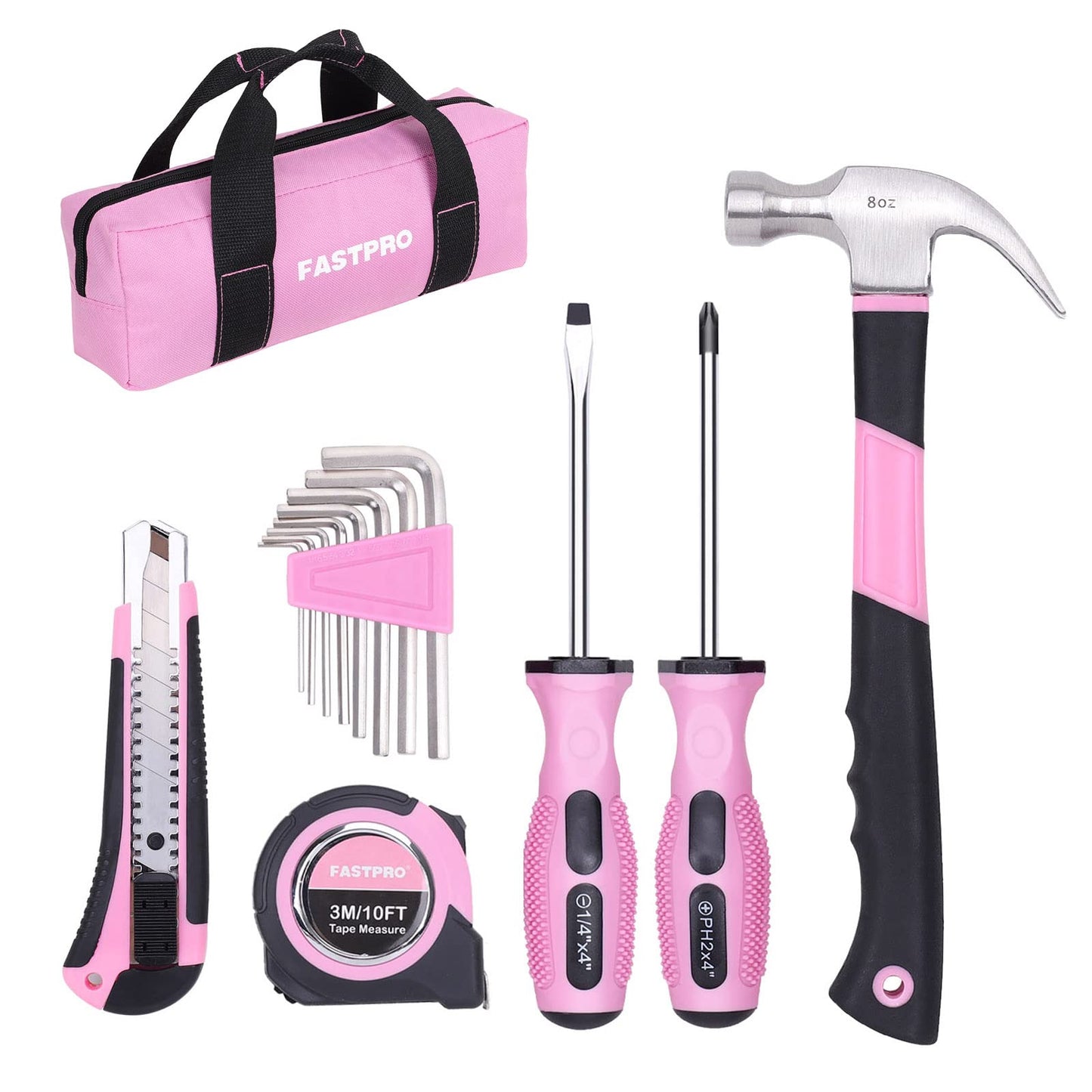FASTPRO 14-Piece Pink Tool Kit, Hand Tool Set for women, Household Tools for Home Maintenance & Repairing，DIY Tools with Small Tool Bag