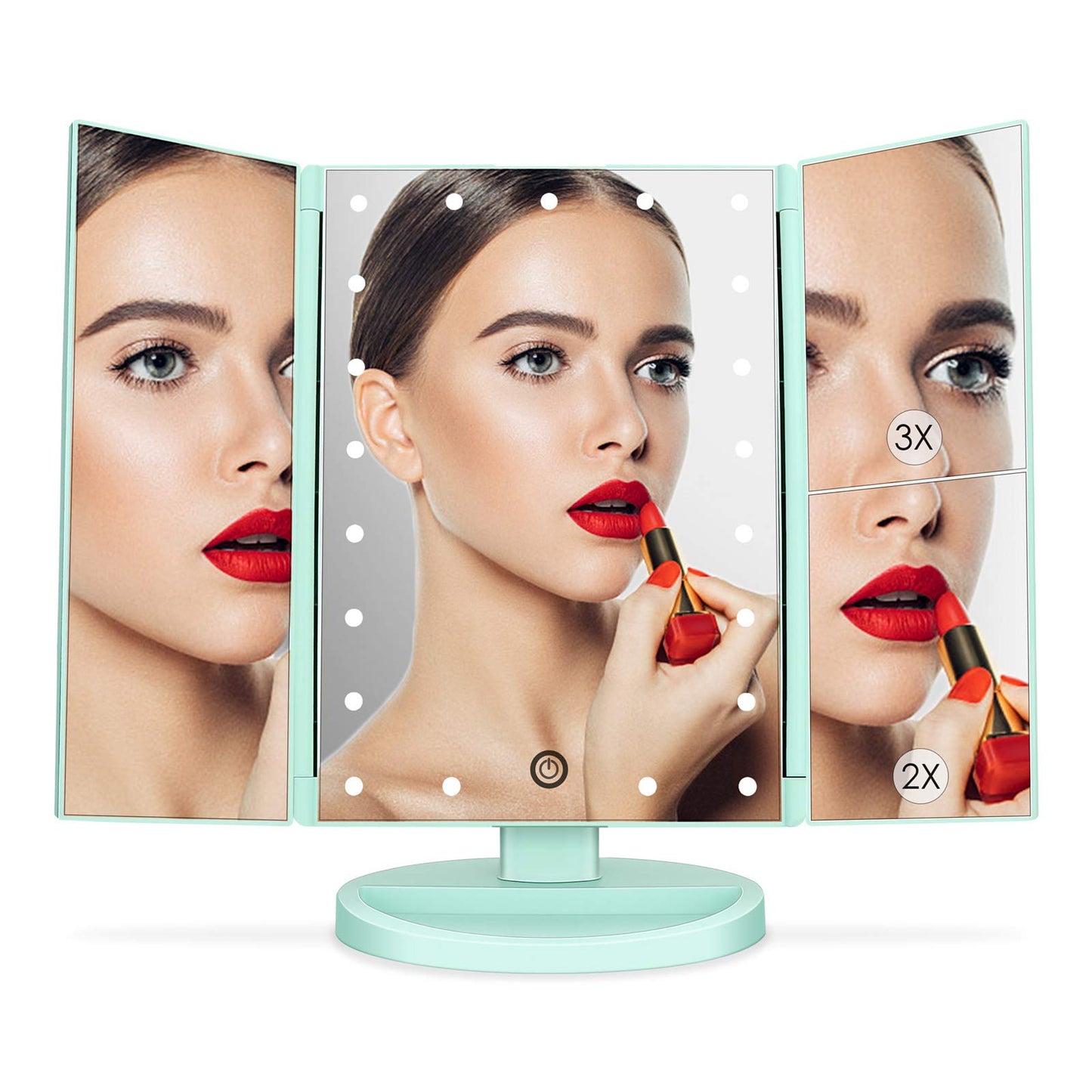 deweisn Tri-Fold Lighted Vanity Tabletop Mount Mirror with 21 LED Lights, Touch Screen and 3X/2X/1X Magnification, Two Power Supply Mode Make up Mirror,Travel Mirror