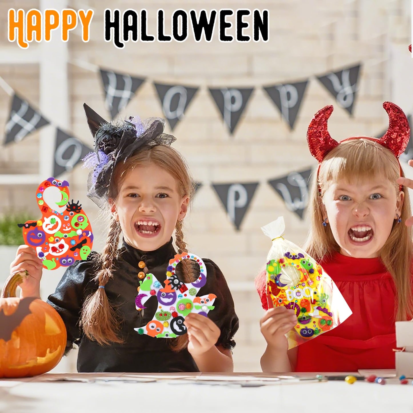 24 Set Halloween Craft Kits DIY Halloween Doorknob Hanger Decorations Fall Arts & Crafts Supplies, Halloween Pumpkin Bat Ghost Monster Foam Stickers for Classroom Gift Party Favors Activities