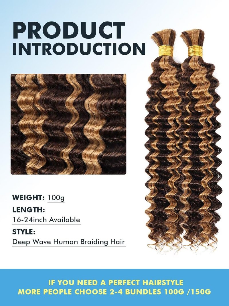 Human Braiding Hair for Boho Braids 100g 18 Inch Ombre Highlight Curly Boho Hair for Braiding Knotless 12A Deep Wave Bulk Bohemian 2 Bundles/Pack Color P4/27
