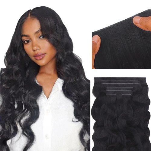 IDN BEAUTY Genius Weft Body Wave Clip In Hair Extensions Human Hair For Black Girl Women, Virgin Hair Longer Lifespan, Invisible Seamless PU Weft Clip Ins, 14 Inch 100g 7Pcs Natural Black