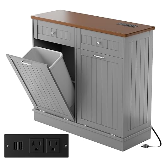 Betterhood Double Tilt Out Trash Cabinet with Power Outlet, 10 Gallon Trash Cabinet with Storage,Pet Proof Trash Can with 2 AC & USB Sockets for Kitchen,Living Room (Grey, Double Door)