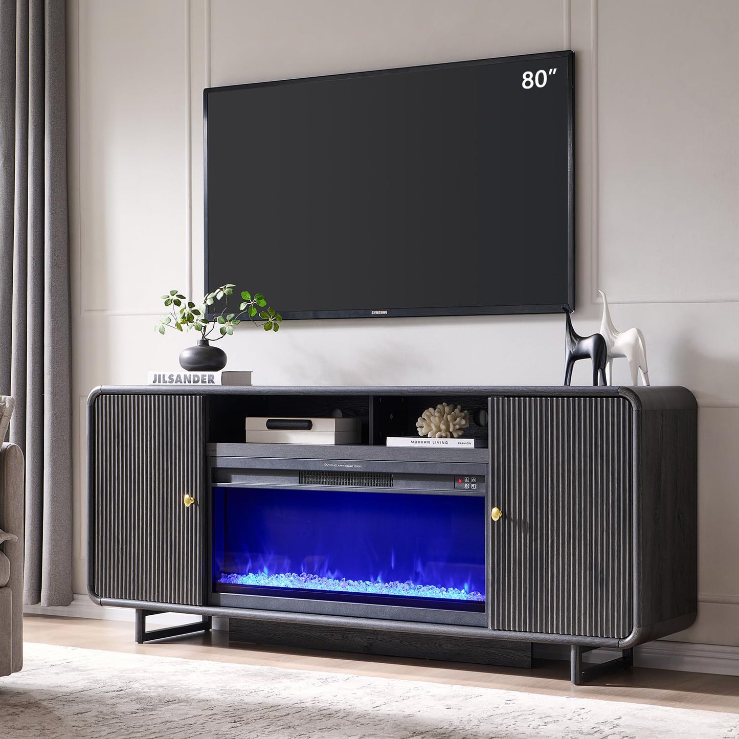 IFGET 70" Fluted Fireplace TV Stand for 80 Inch TV, Modern Entertainment Center w/36'' Electric Fireplace, Wood Media Console w/Curved Profile Design and Adjustable Shelves for Living Room, Dark Grey