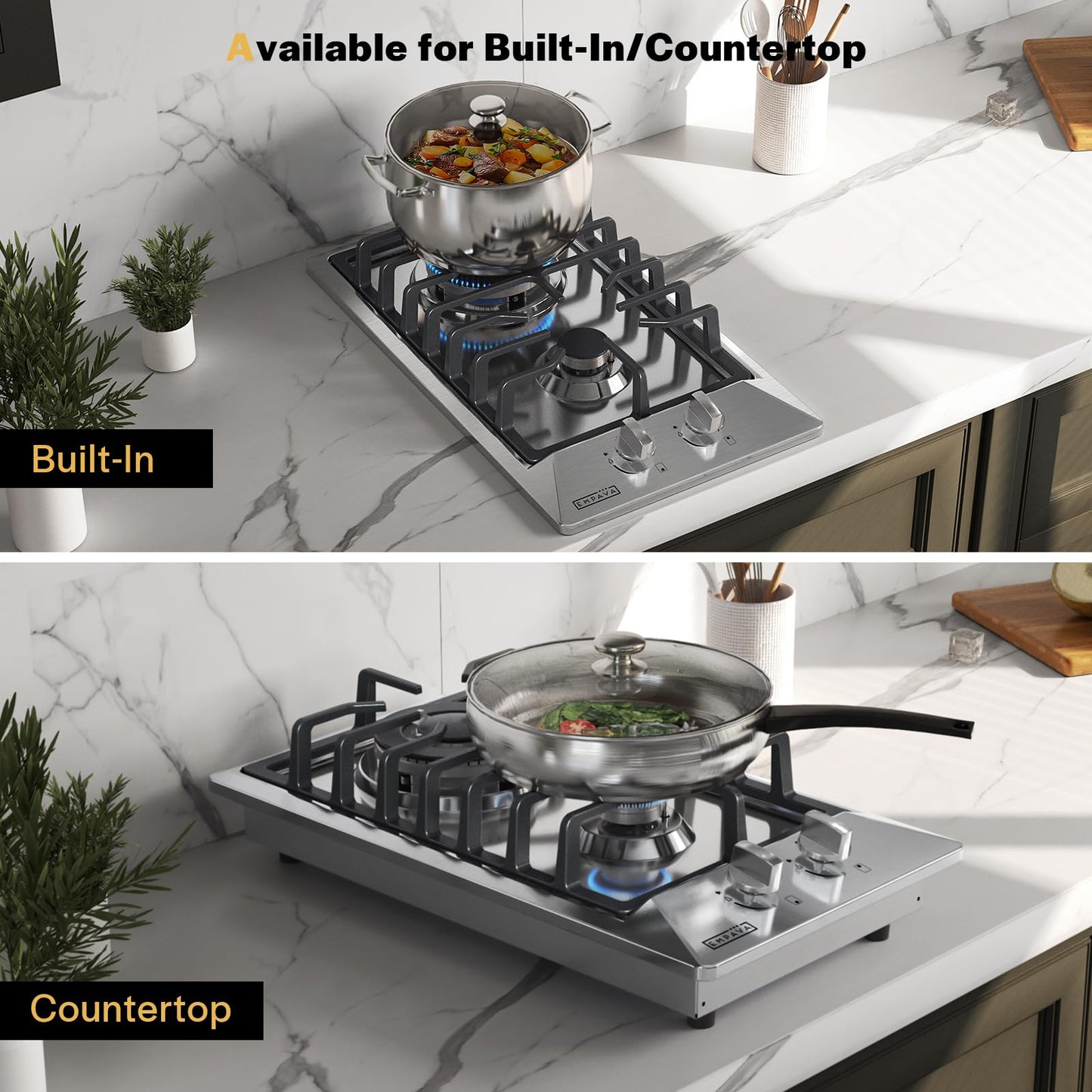 Empava 12" Gas Stove Cooktop with 2 Italy Sabaf Sealed Burners NG/LPG Convertible in Stainless Steel