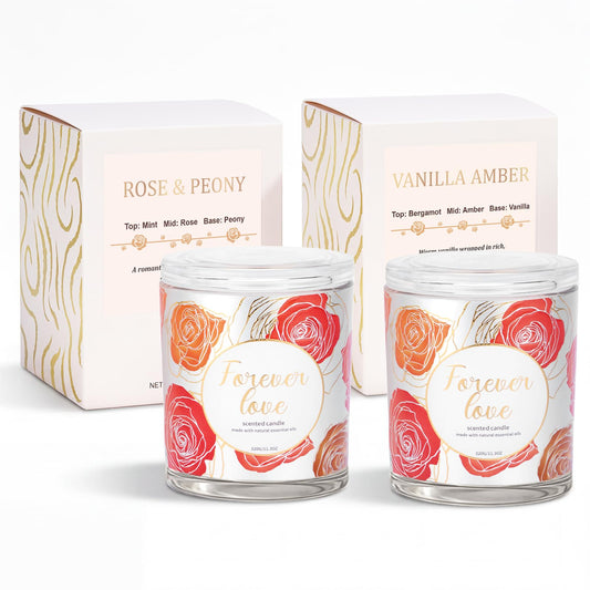 2 Pack Wood Wick Soy Wax Candle Gift Set for Women, Rose & Peony and Vanilla Amber, 11.3 Oz Each, Individually Boxed