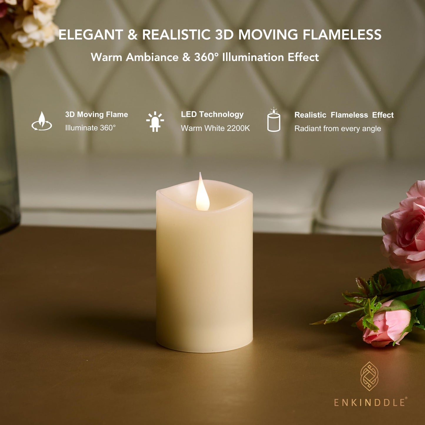 ENKINDDLE Flameless Candles with Timer, 3D Moving Flame LED Pillar Candle, Real Wax Flickering Candle, Battery Operated, Ivory 3"x5"" for Table Centerpiece & Home Décor"