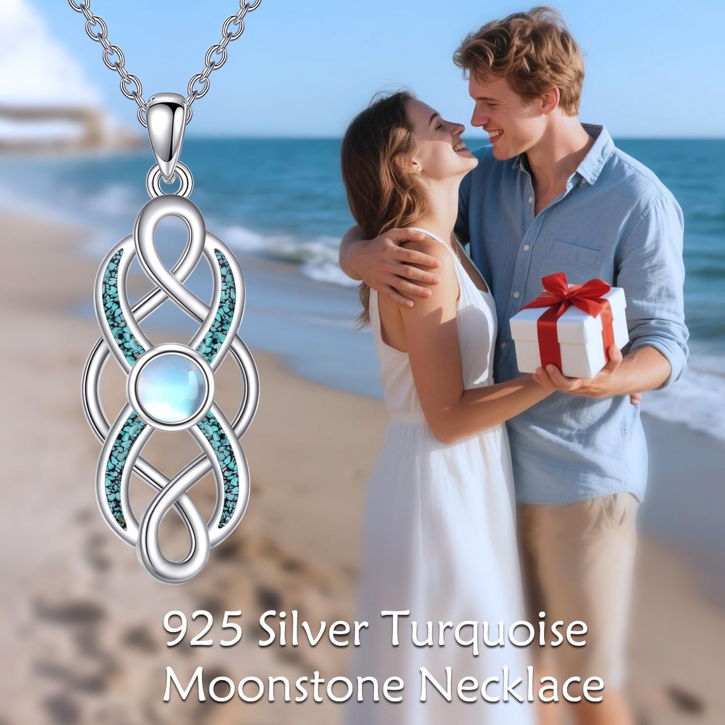 YFN Pearl Celtic Necklace S925 Sterling Silver for Women, Anniversary Irish Celtic Knot Jewelry Present for Women, Birthday Gifts (Turquoise Moonstone Celtic Knot Necklace)