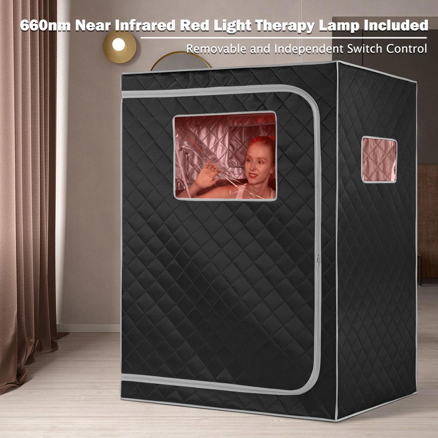 Smartmak Portable Far Infrared Sauna, Home Two Person Sauna Box with 660nm Red Light Therapy Lamp, X-Large Full Size Indoor SPA Tent for Body Recovery, Remote Control, 2 Folding Chairs, Greyborder