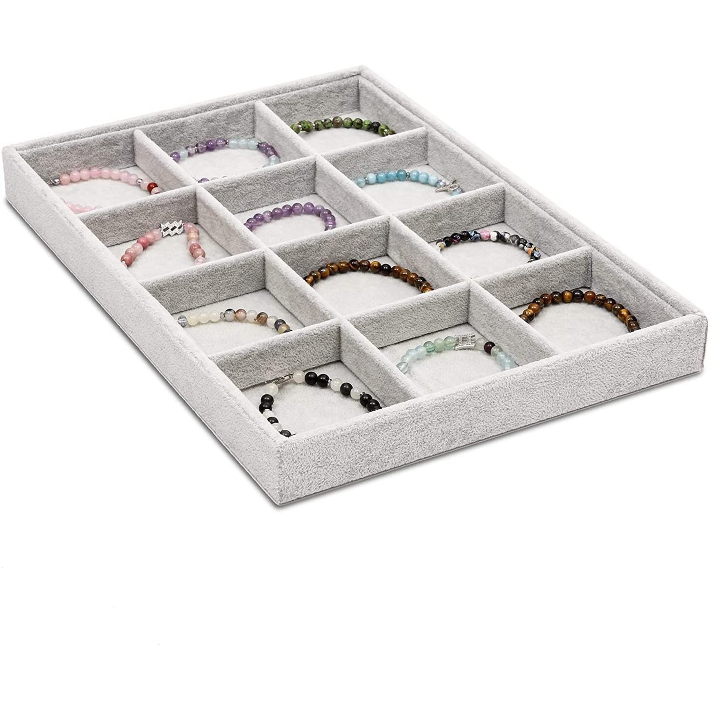 Juvale Velvet Stackable Jewelry Organizer Tray - 12-Grid Bracelet Holder & Ring Organizer - Velvet Jewelry Tray with Soft Compartments - Bracelet Holder Drawer Fits Standard Drawers - 14 x 9.5 In Gray