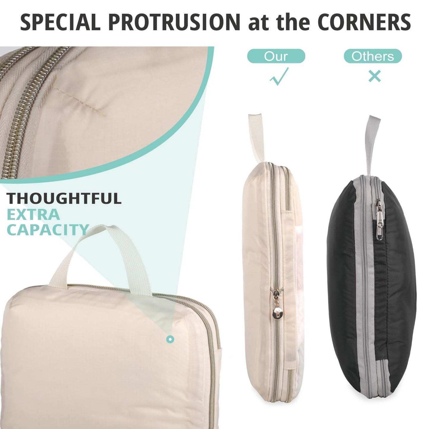 6 Set Compression Packing Cubes for Travel, Bunnychill Portable Zipper Packing Cube for Cloting, Expandable Space Saver Storage Luggage Organizer Bags for Suitcases(Beige)
