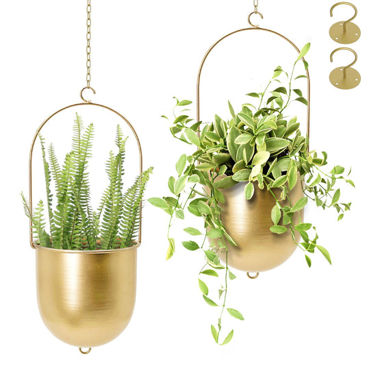 AceList Boho Hanging Planter, Set of 2 Gold Metal Plant Hanger with Hooks and Chains, Modern Wall & Ceiling Planters Outdoor/Indoor Hanging Planter for Window, Porch, Balcony and Home Décor