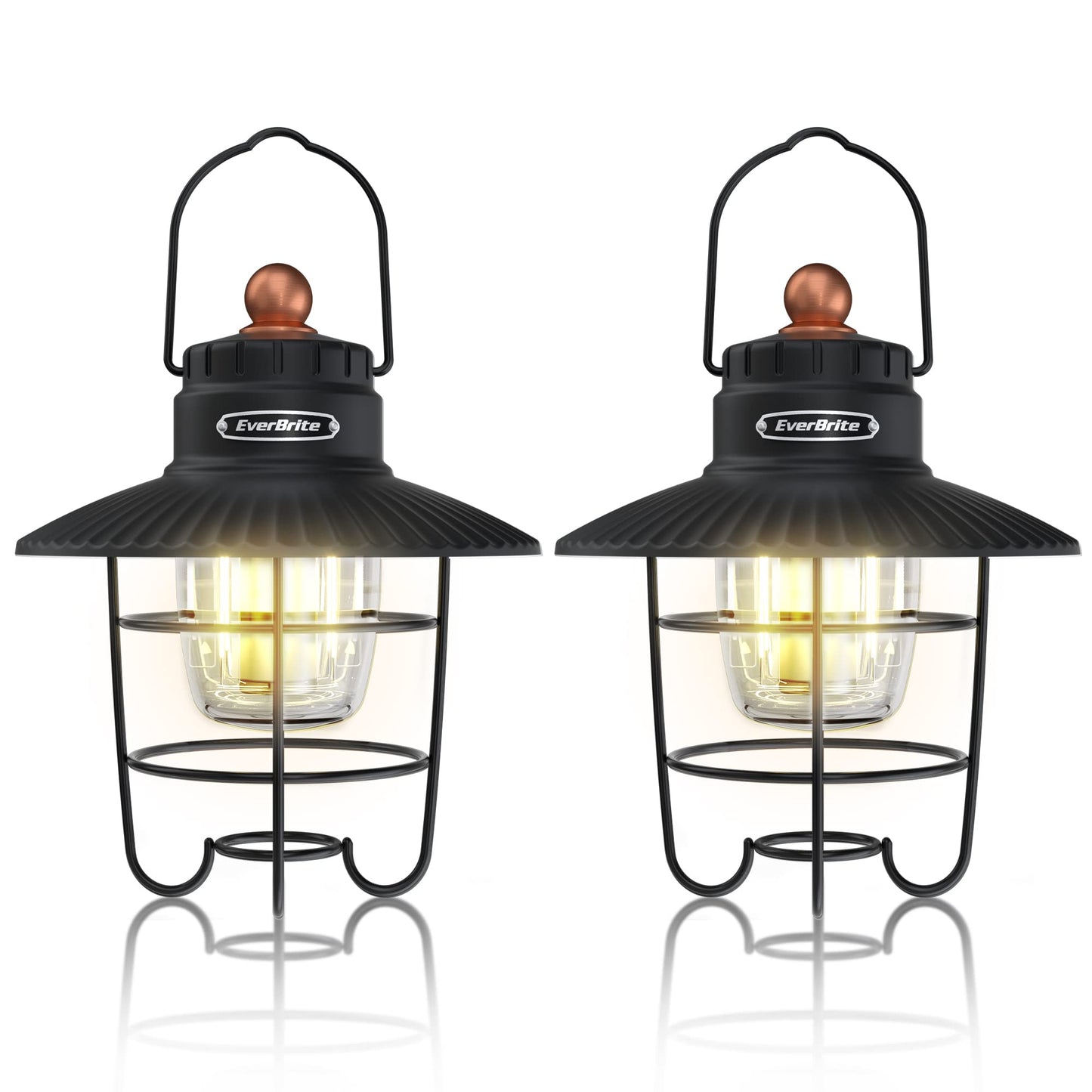 EverBrite LED Camping Lantern Pack of 2, USB C Rechargeable Lantern with 3 Light Modes, Vintage Outdoor Lanterns with Power Bank Function for Power Outages, Hurricane, Emergency, Fishing