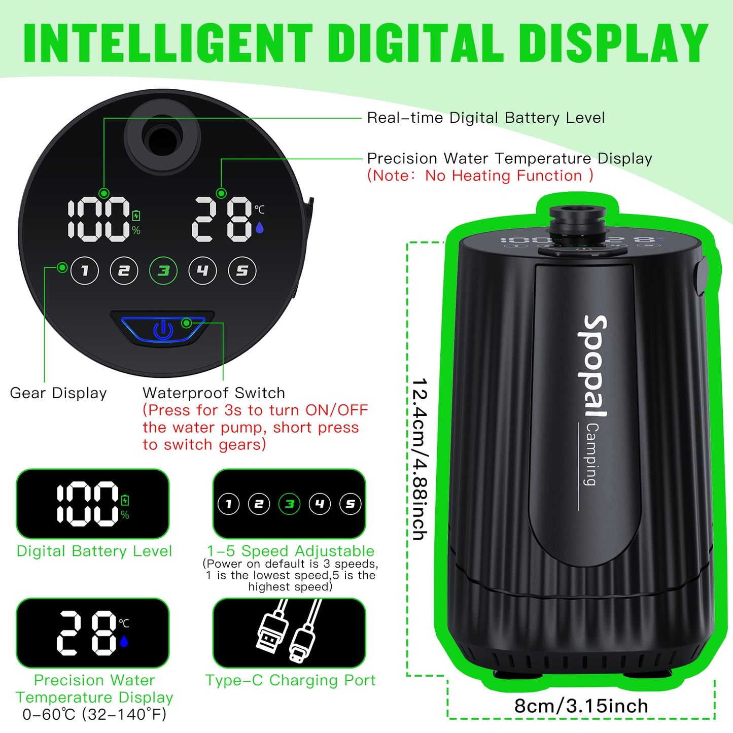 Spopal Portable Camping Shower, [10000mAh Rechargeable], 5-Speed with Collapsible Bucket with Handle 20L, IPX8 Waterproof, LED Display Camp Shower Pump, Perfect for Hiking, Travel, Cars & Pets