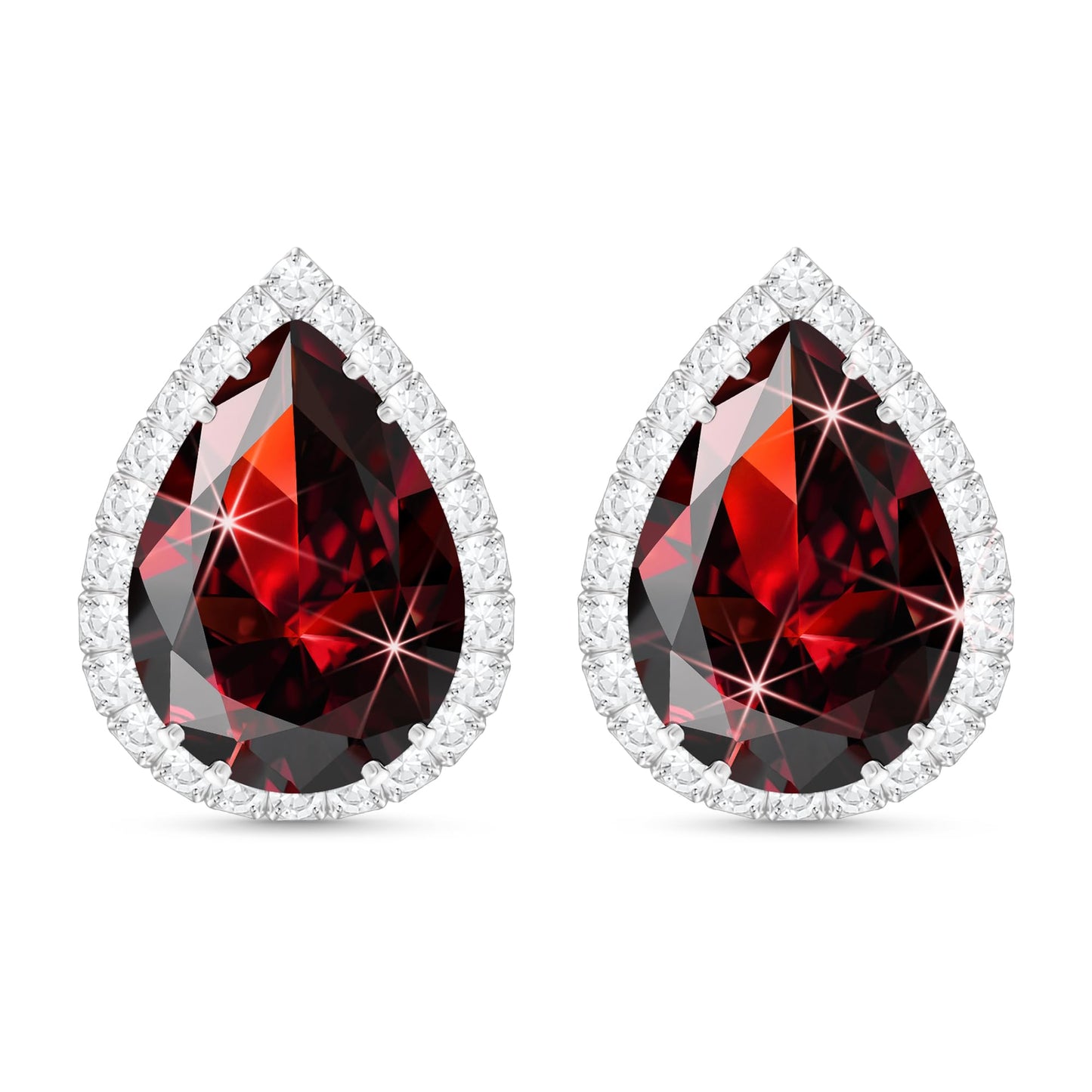 Linawe Silver Red Stud Earrings for Women, Imitation Diamond Cubic Zirconia Earrings Studs, Teardrop Rhinestone Burgundy Garnet Crystal Earrings Set, Costume Bridal Wedding Jewelry