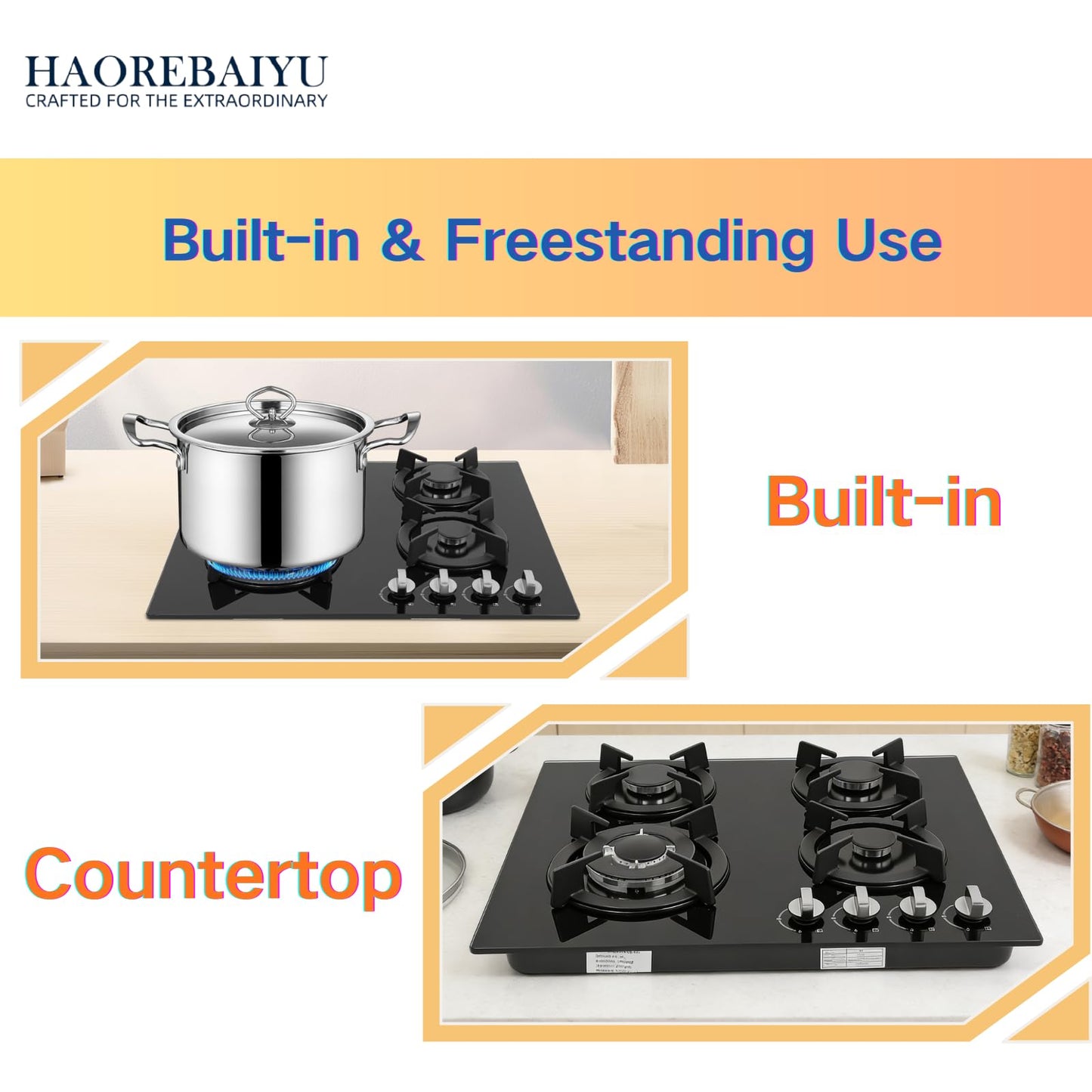 23Inch 4 Burner Built-In Lpg Gas Stovetop,Drop-In Gas Hob with Independent Control Knobs&Backfire Protection,Black Tempered GlassGas Cooktop