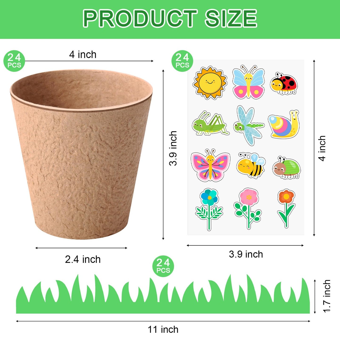 Sunnychicc 72 Pcs 4 Inch Garden Paper Pot Craft Kit Spring Crafts Bulk Including Round Paper Mache Pots Adhesive Foam Sticker EVA Grass Sticker Mother's Day DIY Planting Growing Garden Kit