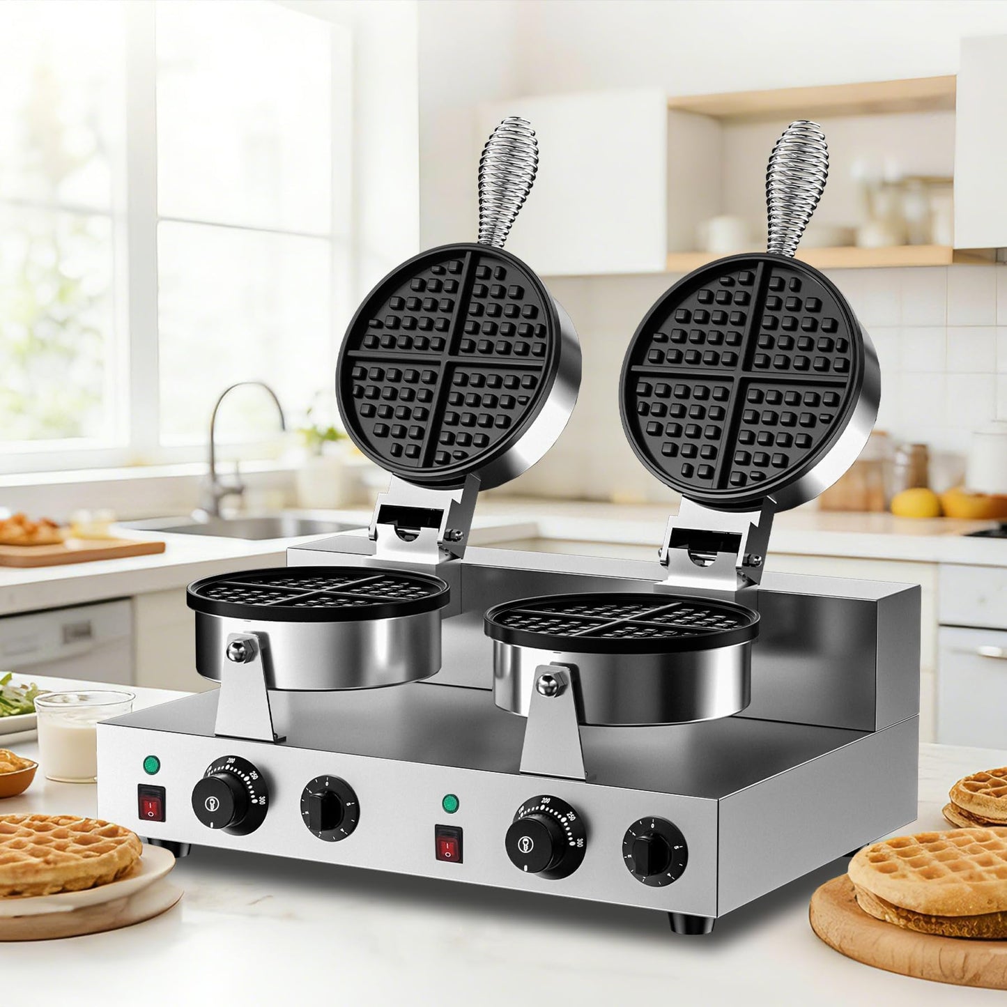 Culistra Commercial Waffle Maker, Dual-Head, Dual Zone Temp Setting, 2600W Stainless Steel Waffle Baker Machine, 50-300°C(120-570℉), Nonstick, for Catering, Restaurant, Snack Stand, CE Certified
