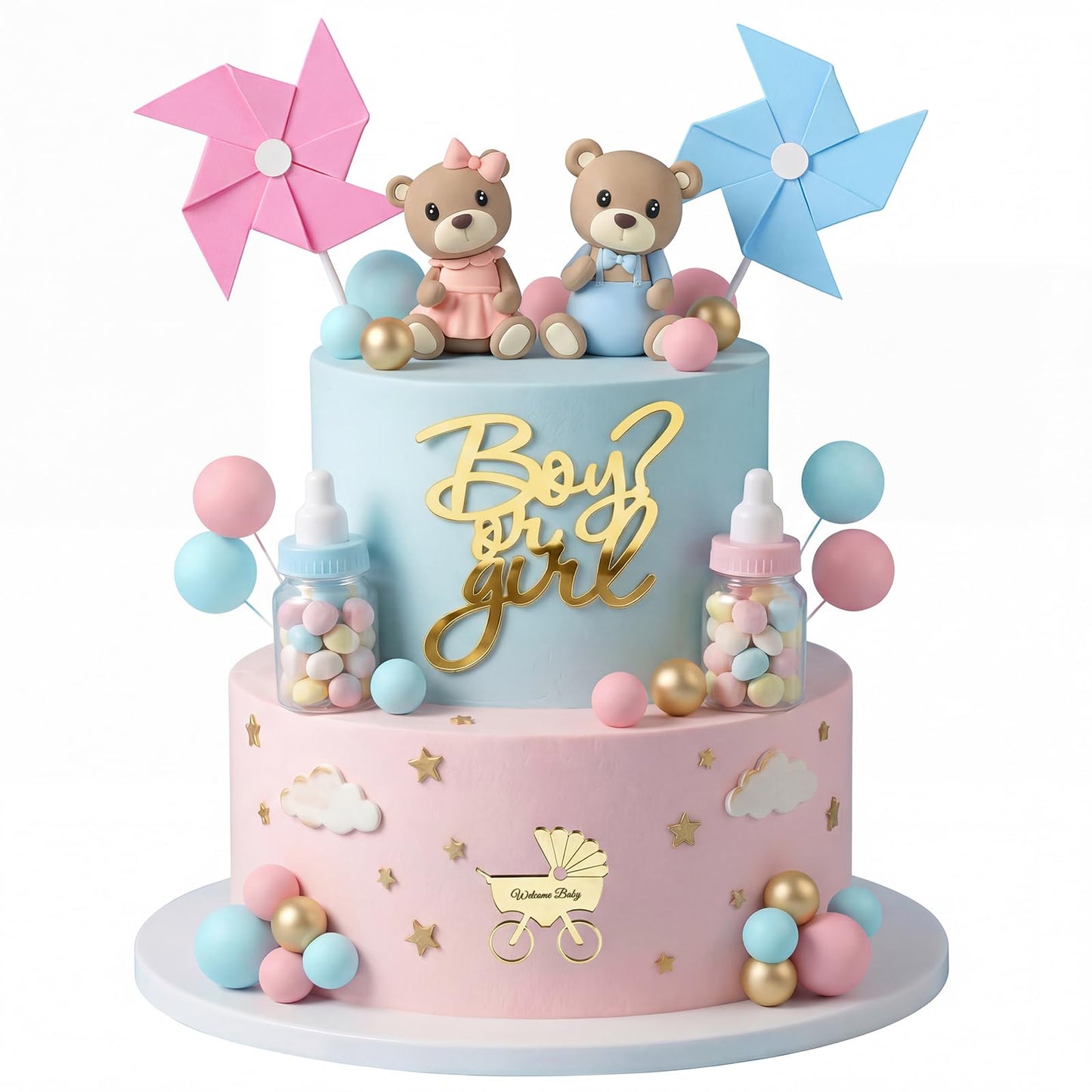 Gender Reveal Cake Toppers, Bear Cake Topper Balls Cake Decorations with Boy or Girl for Gender Reveal Baby Shower Bear Theme Party Supplies