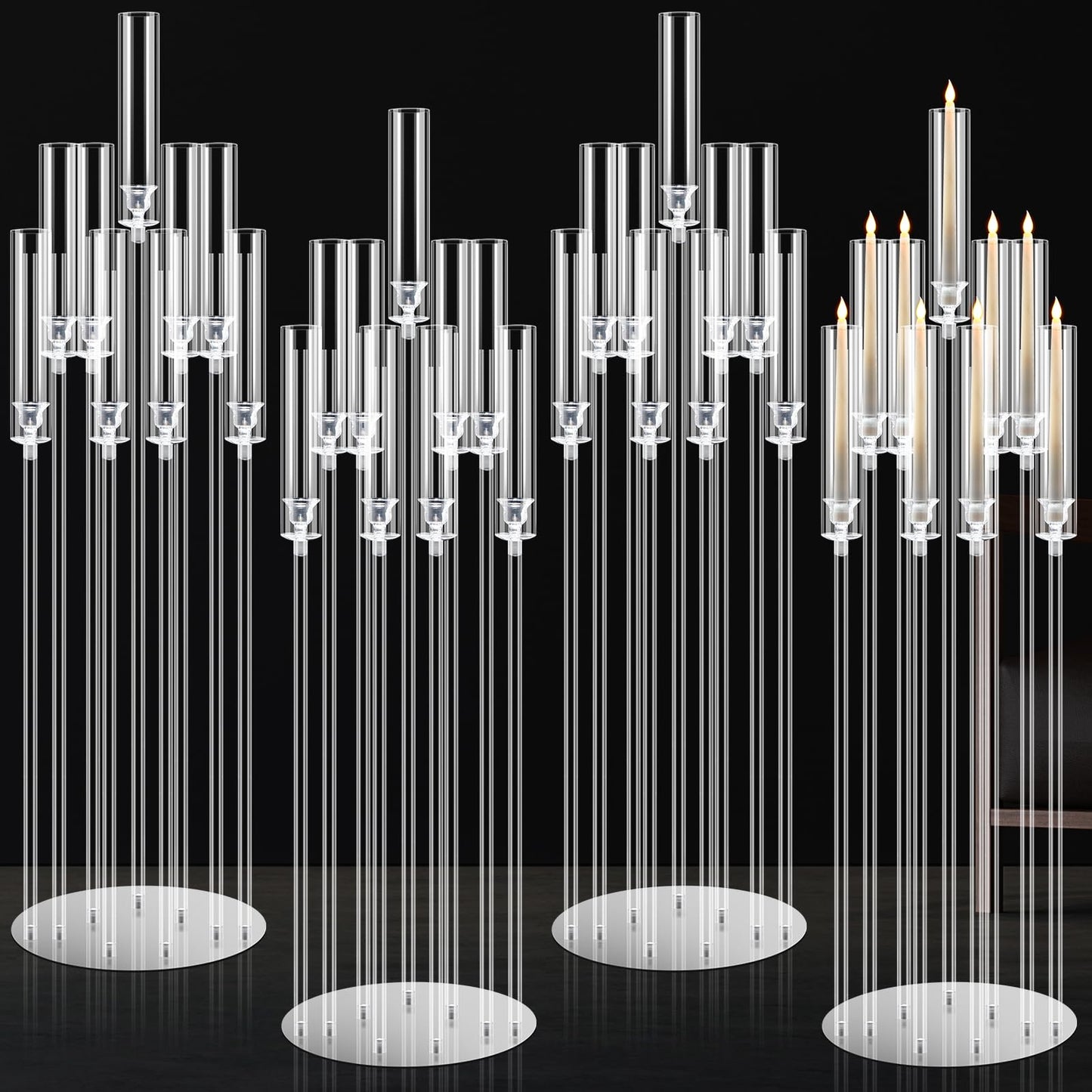Tessco 4 Pcs 9 Arm 42.5" Acrylic Candelabra Table Centerpiece Floor Candelabras Clear Candle Holder with Removable Lampshade Wedding Candelabra Centerpiece Fit 0.8 LED"