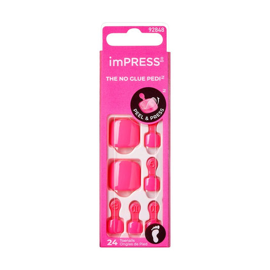 KISS imPRESS No Glue Pedi Press-On Nails, Toenails, 'Time After Time', Medium Pink, Short Size, Squoval Shape, Includes 24 Nails, Prep Pad, Instructions Sheet, 1 Manicure Stick, 1 Mini File