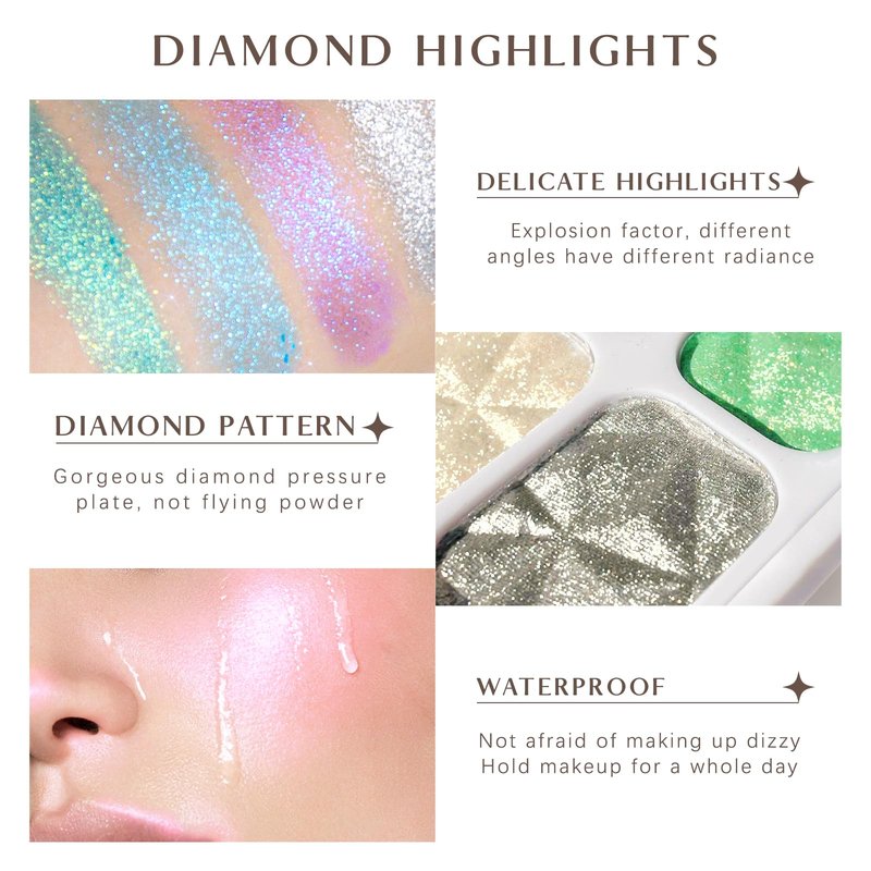 HOSAILY 8 Colors Face Highlighter Makeup Palette Diamond Glitter iluminadores de maquillaje, Intense-Color Chameleon Eyeshadow Rainbow Shimmer Highlighter Metallic Contour Bronzer Palette