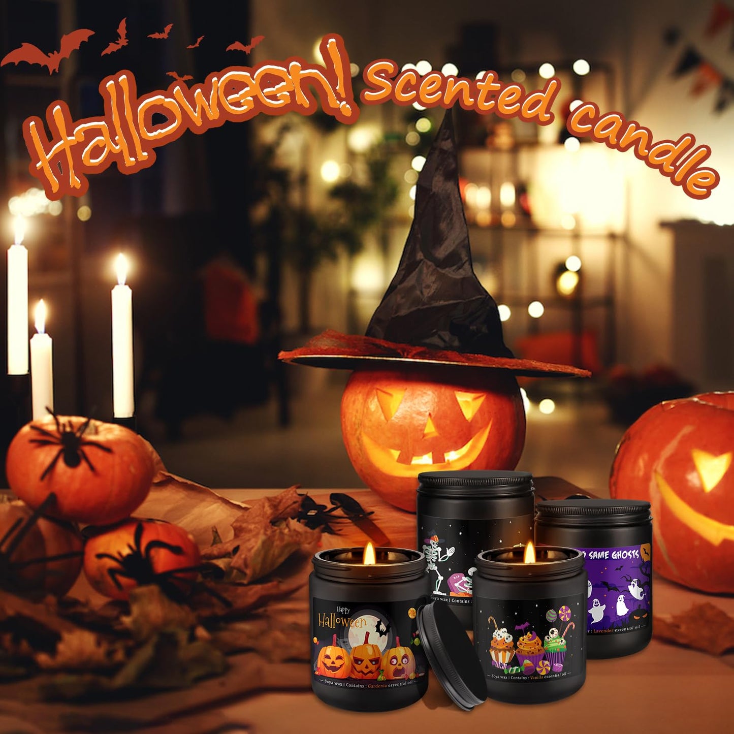 CLTNIKET Halloween Scented Candle Set, 4-Pack 7oz Soy Wax Candles with 4 Fragrances, Long-Lasting Burning for Halloween, Christmas, Home Decor, Rituals & Themed Parties.