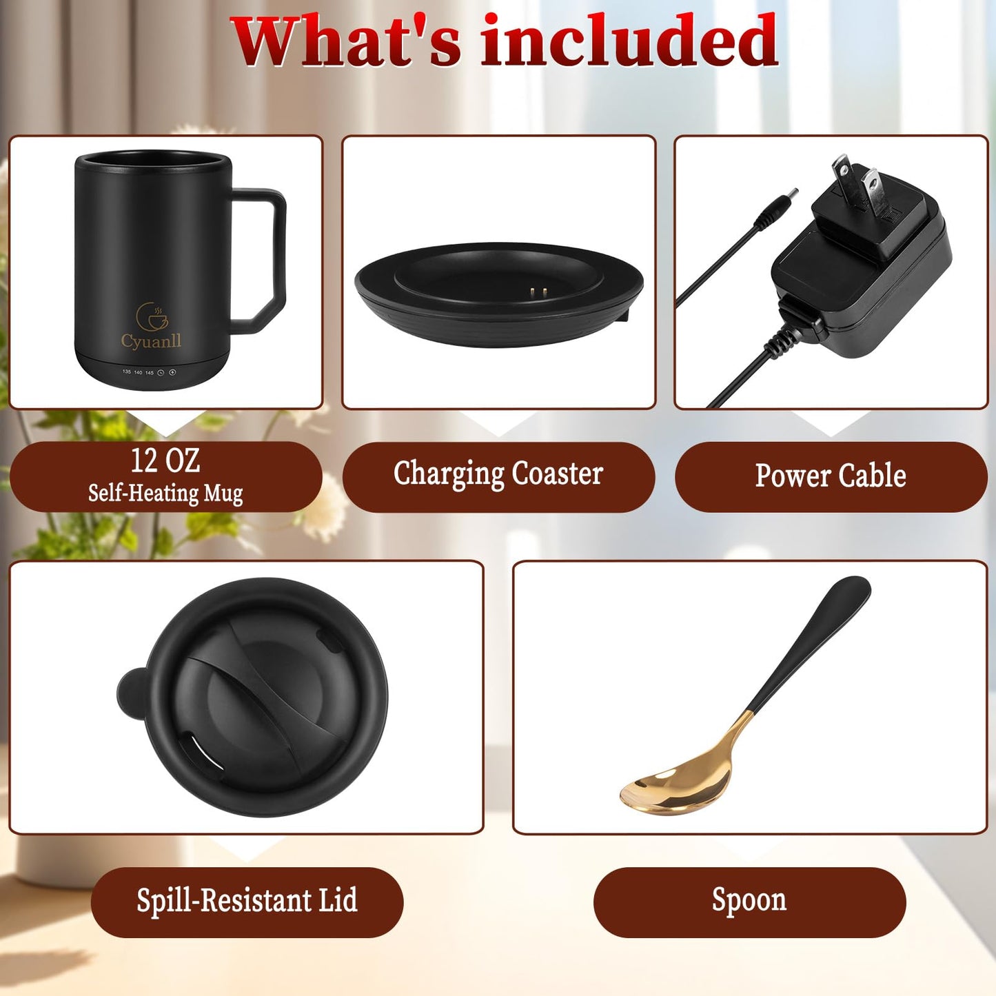 Upgraded Heated Coffee Mug with Auto Shut-Off Function,Self-Heating Temperature Control Mug with Lid and Spoon,Smart Mugs Warmer for Coffee,3 Temperature Settings,Gifts for Men and Women(Black-12 oz)