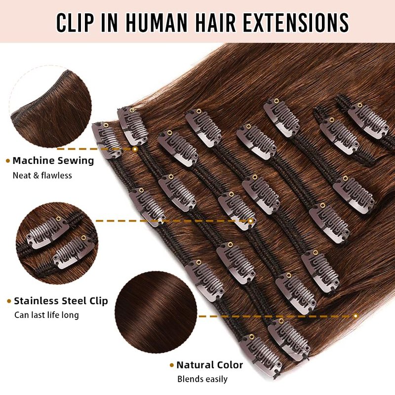 Clip in Extensions 14 Inch 100g Real Human Hair Clips for Women 8 Pieces Remy Hair Extensions Clip Ins Medium Brown