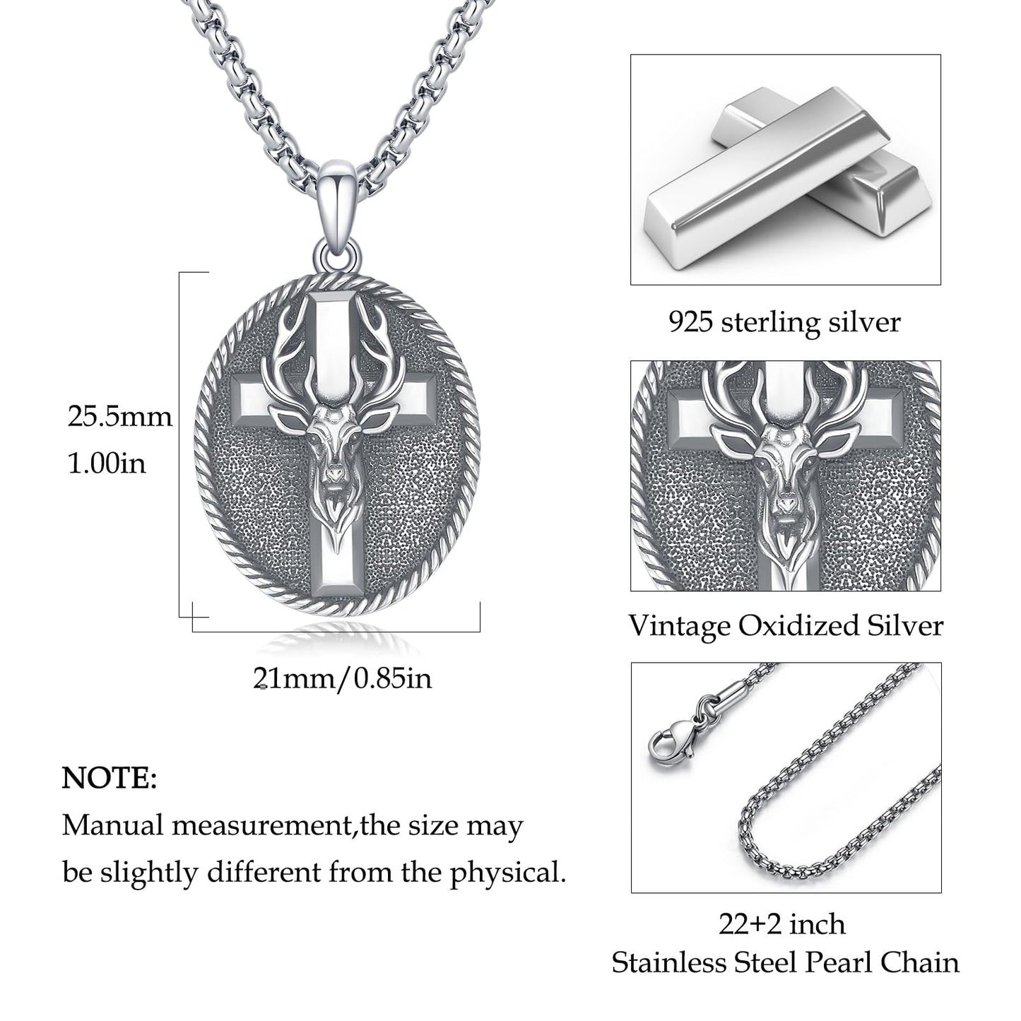 YEESIA Cross Necklace for Men 925 Sterling Silver Elk Antler Necklace Deer Cross Pendant Christian Protect Jewelry Birthday Gifts for Husband