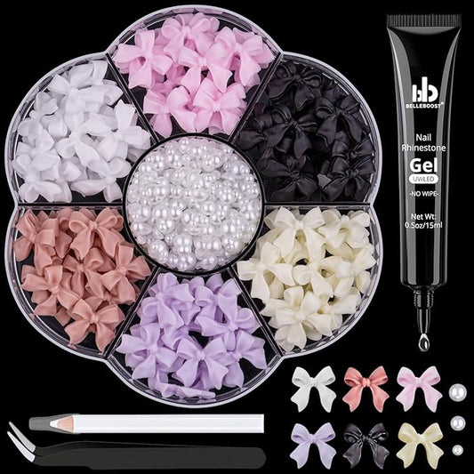 120 Pcs 3D Nail Bow Charms + 2-4mm Nail Pearls Set 1, 6 Colors Cute Bow Charms and White Flatback Pearls with Nail Charm Glue Gel(UV Needed) and Pickup Tools for Nail Art Decoration