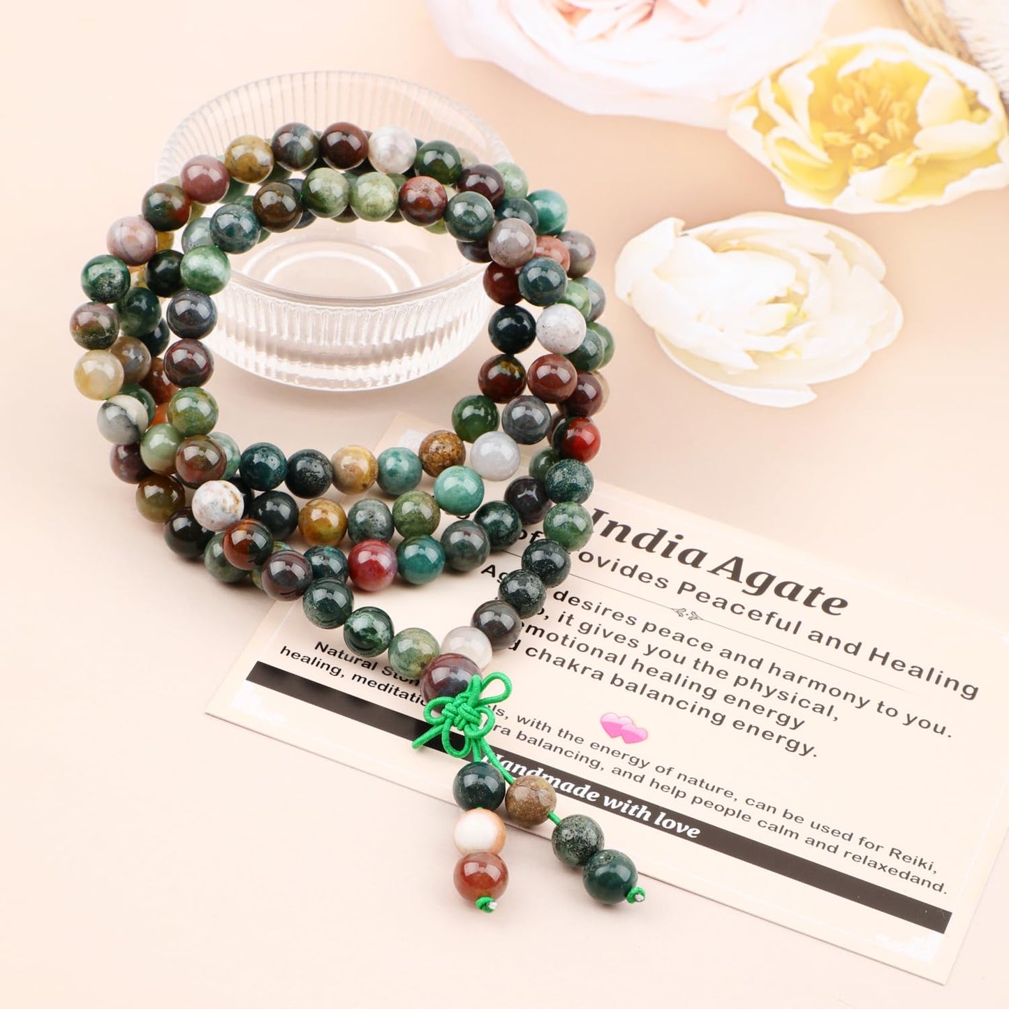AD Beads 8mm 108 Prayer Mala India Agate Elastic Bracelet - Provides Peaceful and Healing - Handmade Yoga Meditation Healing Power Energy Gifts for Unisex Adult.