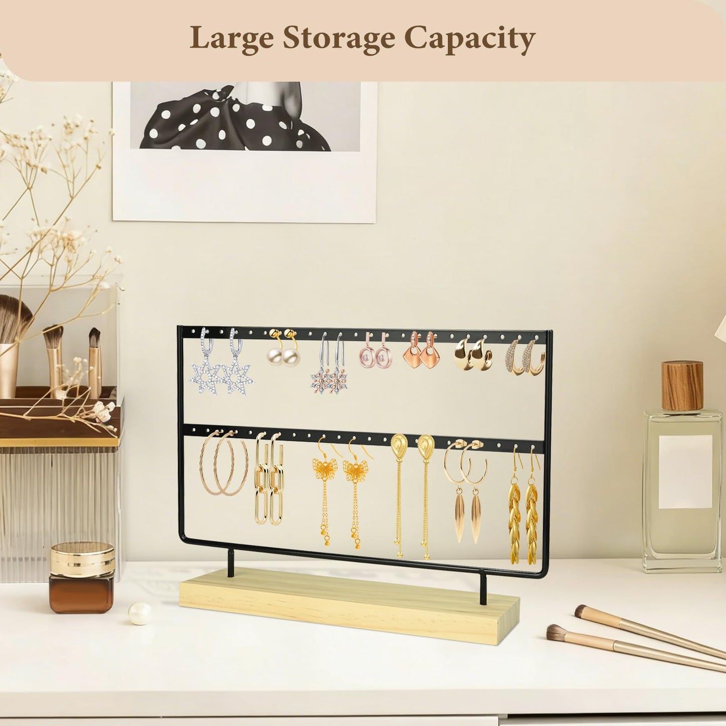 FjiProu Jewelry Organizer Stand, Double Layer Necklace Holder with Tray, Jewelry Tree Stand for Bracelet Necklaces Earrings Rings Bracelet Earring Storage Vanity Dresser Bathroom Sink Dorm Room Black