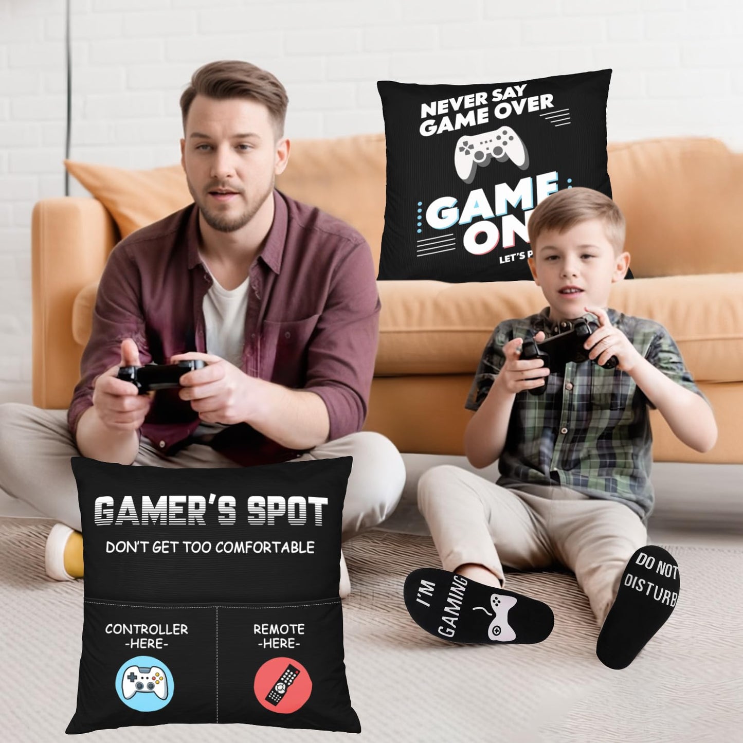 Bebomne Gamer Gifts for Teenage Boys Men, Gaming Accessories for Room, for Gamers, Game Room Decor, Gaming Pillow Case and Gaming Socks for Teen Boys Men Son Husband Boyfriend (black-2pocket 1)