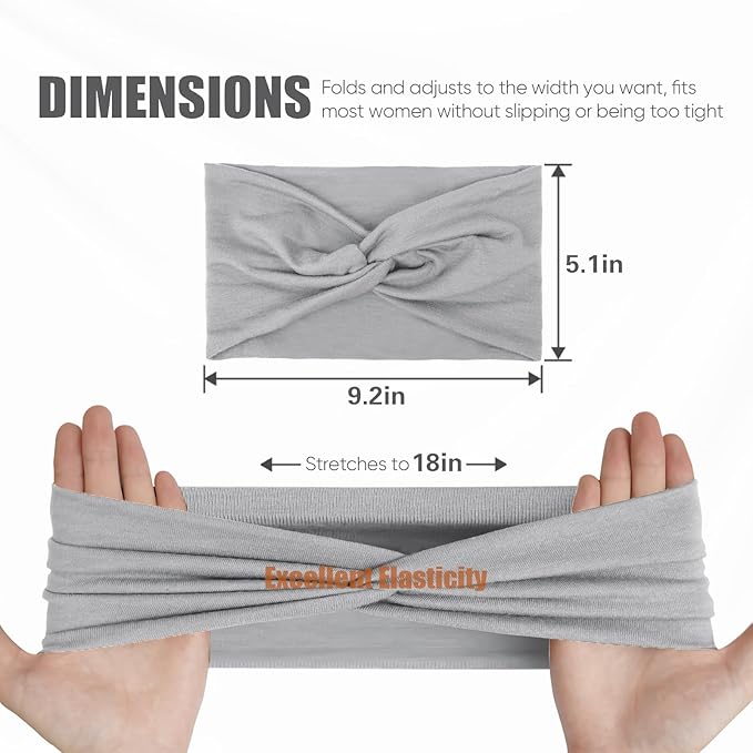 HSEM Headbands for Women, Non Silp Wide Hair Bands, Elastic Thick Head Bands, Stretchy Soft Sports Sweat Bands for Spa Workout Running Gym, Cotton Cloth Band 6Pcs