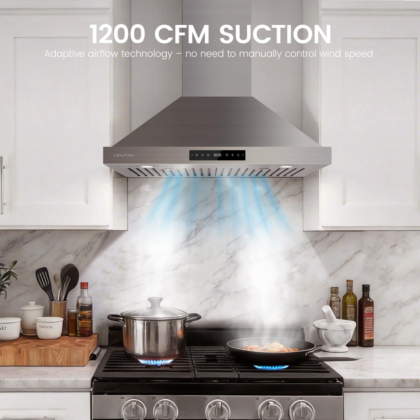 VENFAN 1200 CFM Wall Mount 30 Inch Range Hood – Stainless Steel Kitchen Vent Hood with Gesture Control, 8-Speed Fan, Delay Shut-Off Timer, Ducted/Ductless Convertible, Charcoal Filter Included