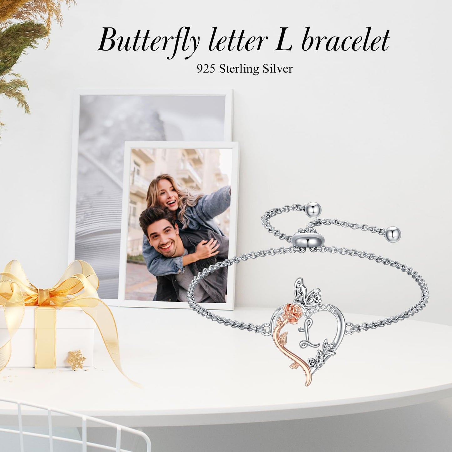 TOUPOP Rose Heart Bracelet for Women Sterling Silver Heart Initial L Letter Bracelet Butterfly Love Jewelry Anniversary Birthday Mothers Day Gifts for Mom Wife Her Girlfriend