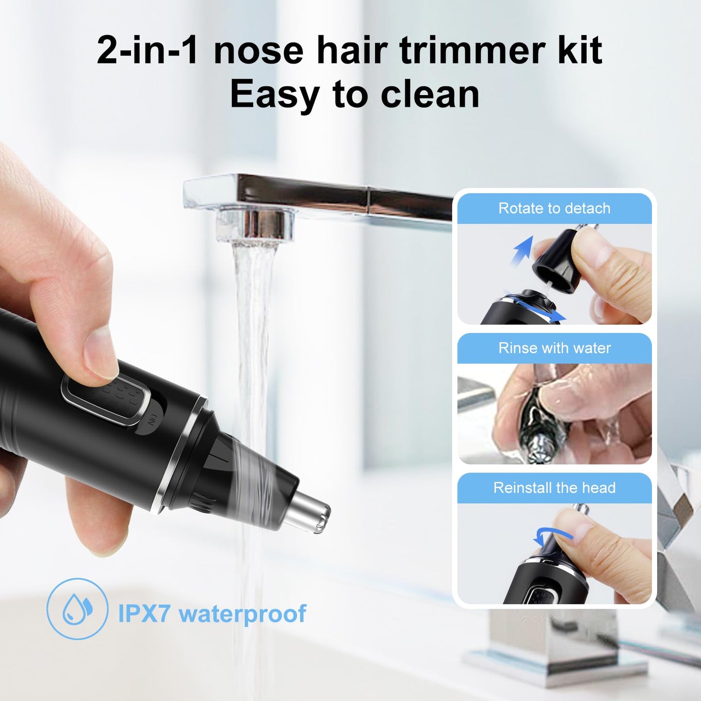 XOOMRSCP Nose Hair Trimmers for Men，Rechargeable Hair Trimmer 2 in 1 Painless Multifunctional Ear and Nose Hair Trimmer with IPX7 Waterproof Dual Edge Blades (Black Silver)