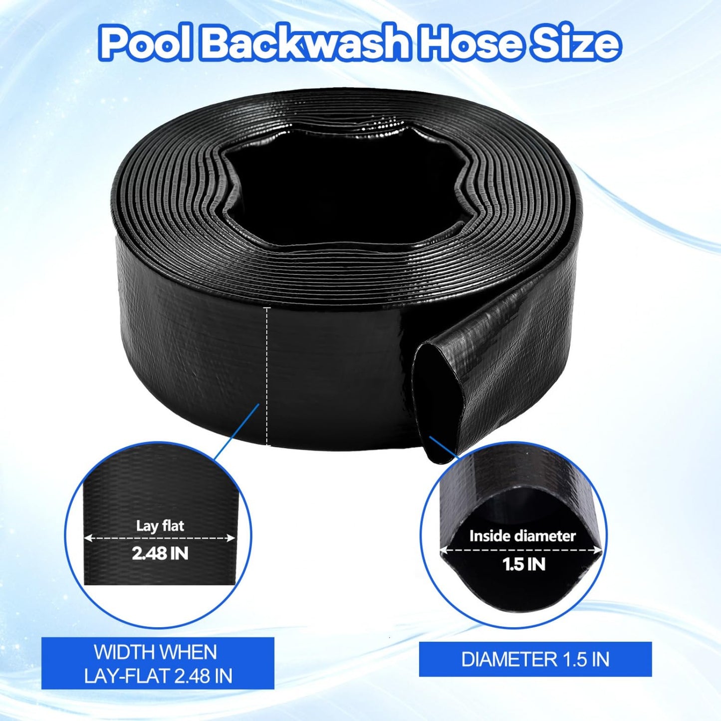 Gonioa Pool Backwash Hose 1 1/2 Inch Diameter x 25 Feet - Heavy-Duty PVC Pool Drain Hose, Reinforced Discharge Hose with Clamp for Swimming Pools, Black