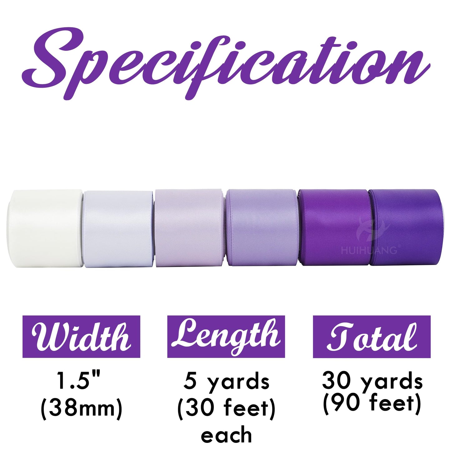 HUIHUANG Purple Ribbon 1-1/2 inch Lilac Purple and White Satin Ribbon Assorted for Flower Bouquet, Gift Wrapping, Bows, Crafts, Eternal Flowers, Bridal Shower Wedding Decor- 6 Rolls, Total 30 Yards
