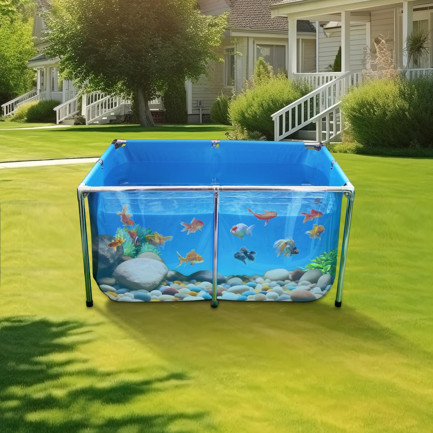 PVC Fish Pond,Above Ground Fish Tank,Goldfish/Koi Pond with Clear Viewing Panel, Outdoor Canvas Aquarium with Stainless Steel Frame & Drain Valve for Outside,47.2 * 31.5 * 23.6in,152 Gallon