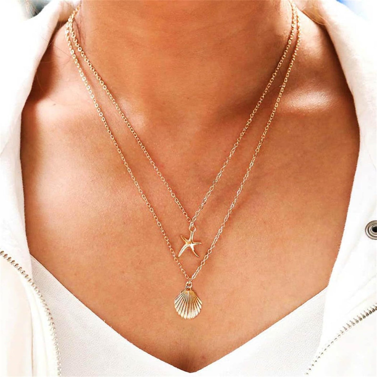 Boho Starfish Seashell Layered Necklace Gold Silver Plated Dainty Charm Double Layer Sea Shell Lucky Stars Ocean Animal Chain Necklace for Women Hawaiian Summer Beach Vacation Jewelry Gifts (Gold)