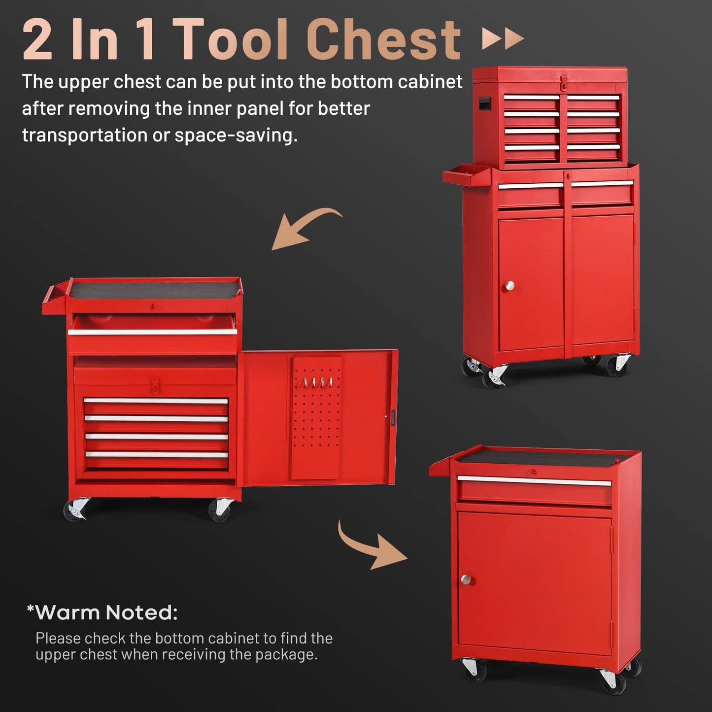 ERGOMASTER Tool Chest Heavy Duty Rolling Tool Box with Cabinet 5-Drawer for Lockable & Removable Cabinet for Garage and Workshop - 5-Drawer &Red
