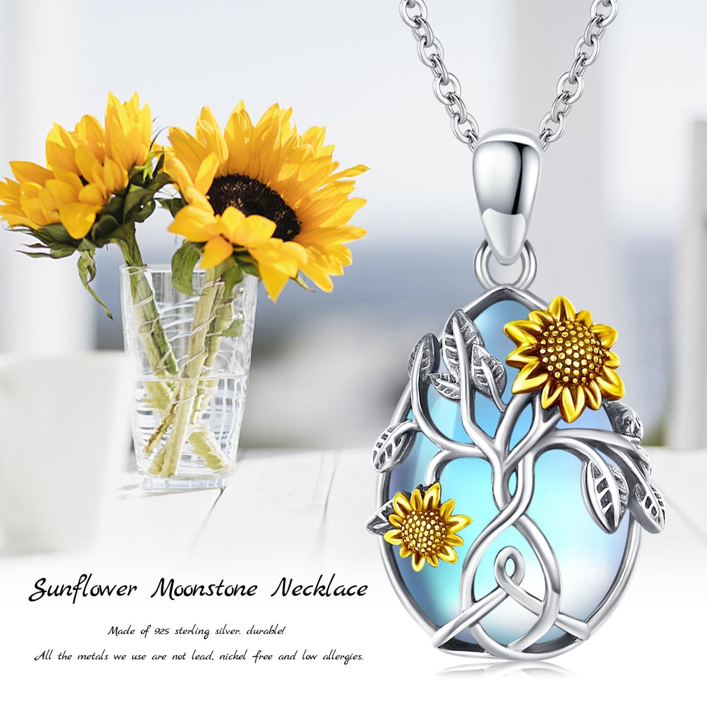 CHENGHONG Sunflower Moonstone Necklace for Women 925 Sterling Silver Family Tree of Life Teardrop Pendant Necklace Jewelry Gifts
